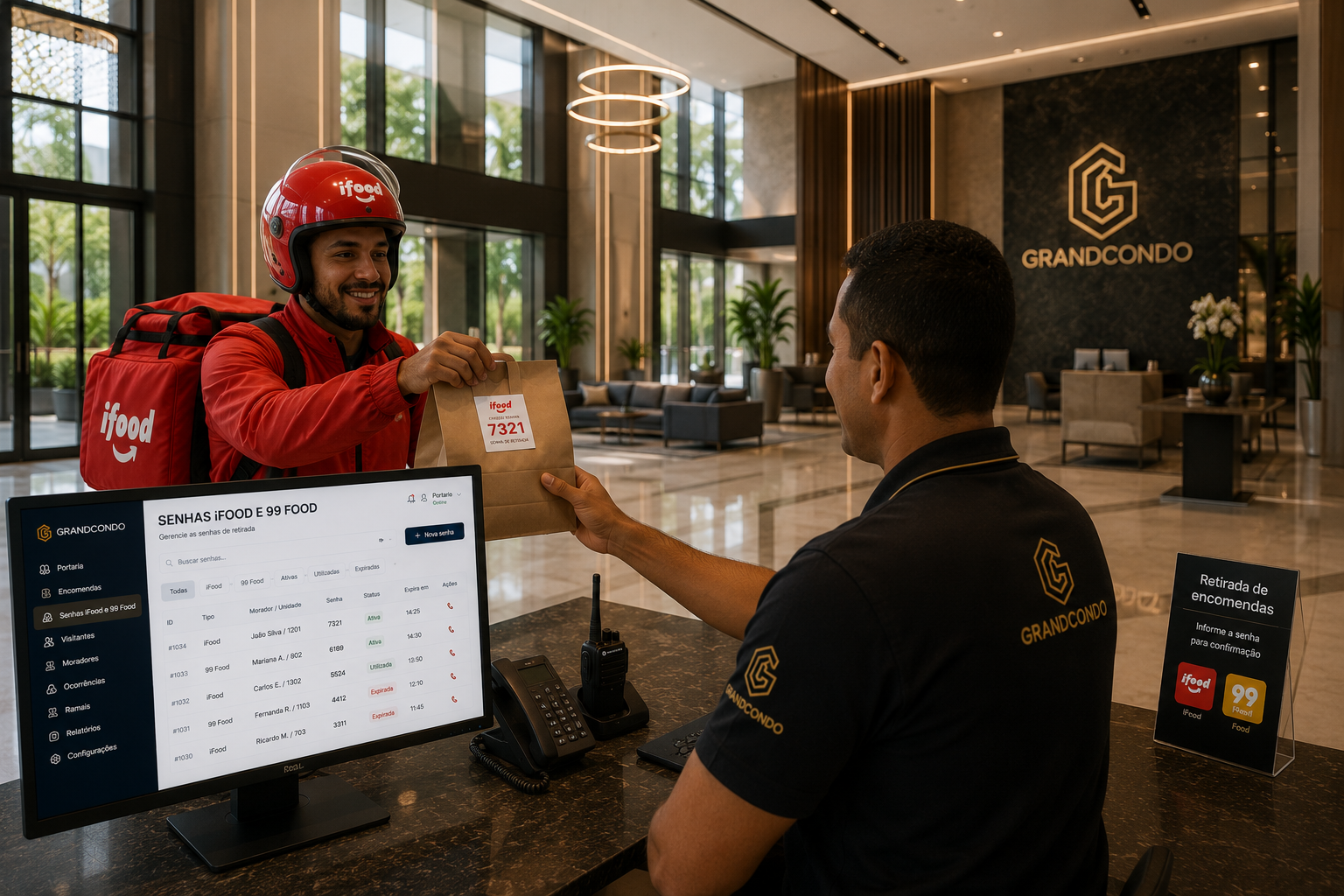 Entregador de capacete vermelho entrega encomenda para o porteiro na recepção do condomínio, que utiliza sistema de controle na tela