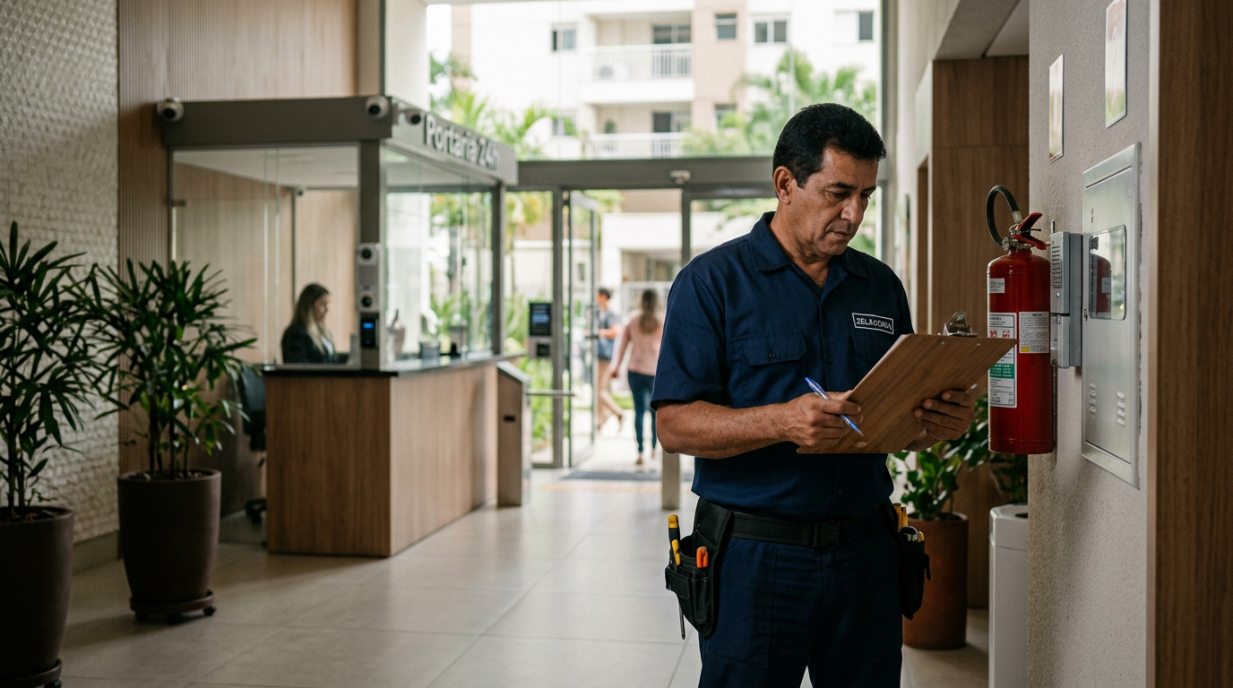 Zelador cadastra encomenda pelo celular ao lado de armários de encomendas em um hall de condomínio — Checklist de Zeladoria Condomínio: Guia Essencial