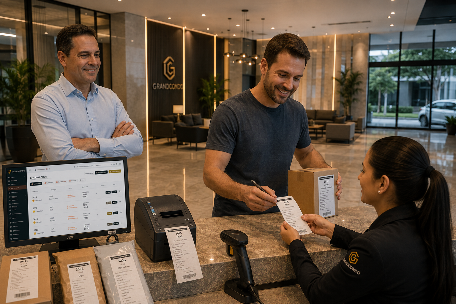 Recepcionista entrega caixa de encomenda para morador assinar comprovante no balcão da portaria do condomínio, ao lado do computador