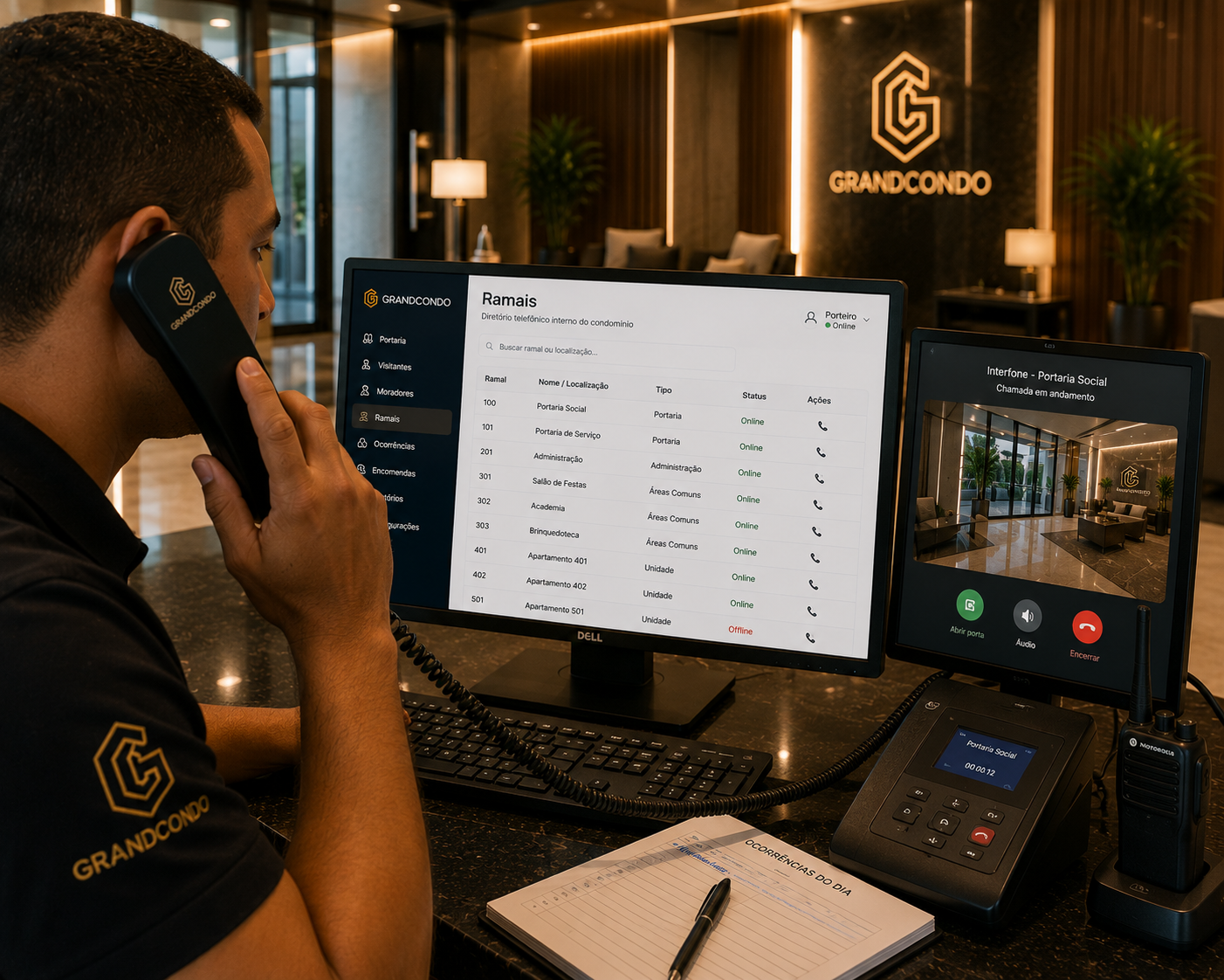 Porteiro atende o interfone na recepção do condomínio enquanto consulta a lista de ramais no sistema de gestão em um monitor de computador